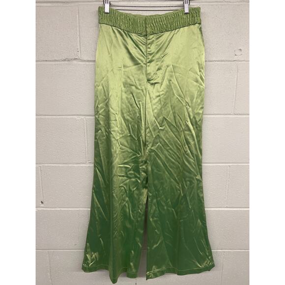 Aliette Sz 10 Green Lime Silk Satin silky Wide Leg Smocked Waist Pants Urban - Picture 3 of 5
